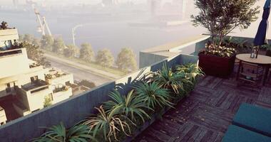 CGI Rooftop garden view overlooking river and cityscape at sunrise video