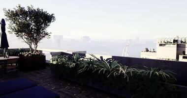 CGI Rooftop garden with plants and seating overlooking a foggy cityscape video