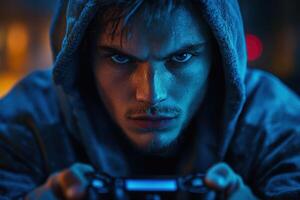 Intense gaming session at night with a focused player in a hoodie holding a controller in a dimly lit environment filled with colorful lights photo