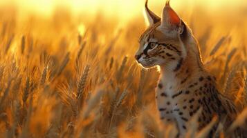 Serval cat resting in golden wheat field during sunset, showcasing its stunning coat and attentive expression under warm light photo