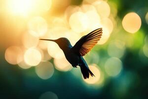 Colorful hummingbird flutters with grace against a bokeh background during golden hour sunlight in a serene outdoor setting photo