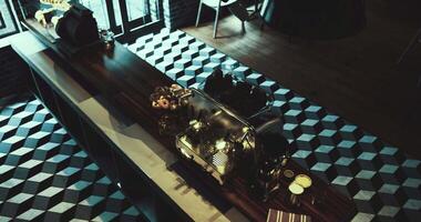 CGI Coffee preparation area in modern cafe showcasing espresso machine and pastries video