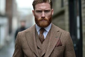 Stylish man in tailored brown suit and well-groomed beard walking confidently in urban alleyway on a cloudy day photo