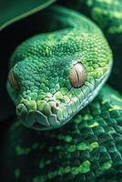 Close-up view of a vibrant green snake resting among foliage in a rainforest environment on a sunny day in the tropics photo