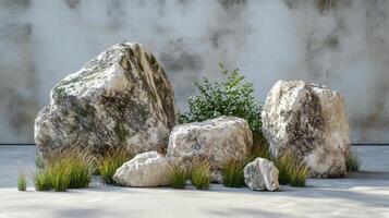 a group of rocks and grass in front of a wall photo