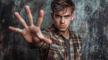 a man is making a stop sign with his hand photo