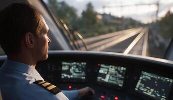 A man in a conductor uniform focuses intently on the controls of a train, managing operations as the sunlight casts a warm glow on the tracks ahead, signaling the end of the day. photo