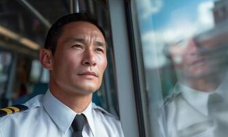 A conductor in uniform reflects on his responsibilities while observing the passing scenery through the train window. photo