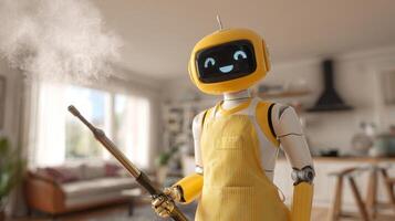 A cheerful robot with a friendly face is actively cleaning an apartment using advanced technology. photo