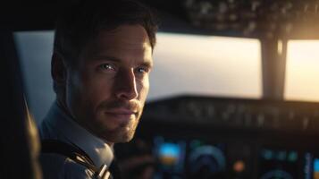 A professional pilot sits in the cockpit, looking thoughtfully at the sunset. The sky is filled with warm hues as the aircraft glides smoothly, capturing a moment of tranquility and focus. photo