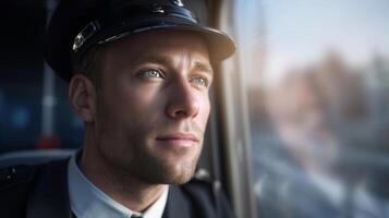 A man in conductor uniform sits in the train cabin, gazing thoughtfully out the window during twilight. His expression reflects dedication to his role in train management and safety. photo