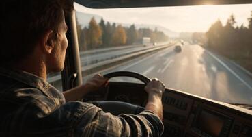 A man drives a large truck along a highway surrounded by trees and mountains as the sun sets. The warm light illuminates the road, showcasing both the vehicle and the tranquil scenery. photo