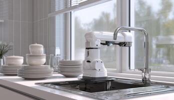 A cutting-edge cleaning device is set at the kitchen sink, surrounded by stacks of dishes and utensils. photo