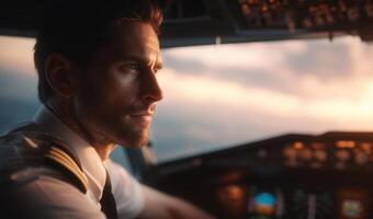A focused pilot navigates the cockpit, gazing out at the vibrant sunset while flying high above the clouds. The warm colors of dusk illuminate the scene, enhancing the serene atmosphere of flight. photo