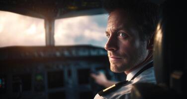 A pilot sits in the cockpit, focused on the horizon as the sun sets. The warm colors of the sky reflect a peaceful moment at high altitude, signifying the end of a long journey. photo