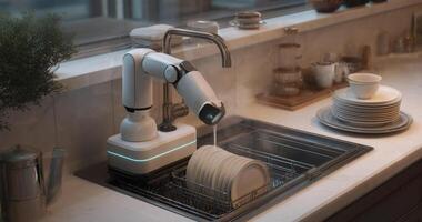 A robotic device is actively washing dishes in a sleek kitchen with a contemporary design. photo