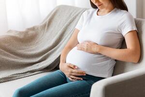 Maternity Concept. Young Beautiful Woman Expecting Baby Relaxing On Couch At Home, Happy Young Smiling Woman Tenderly Embracing Her Pregnant Belly While Resting On Comfortable Sofa, Copy Space photo