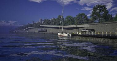 CGI Sailboat anchored in calm harbor with trees and buildings under blue sky video