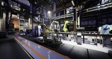 CGI Industrial workspace equipped with robotic arms and conveyor belt system video