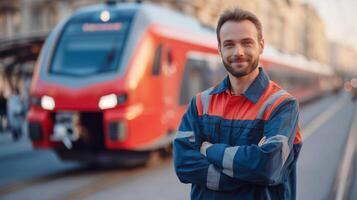 A man in a blue and orange conductor uniform stands confidently with crossed arms at a bustling train station. A bright red train is visible behind him, suggesting he is in charge of operations. photo