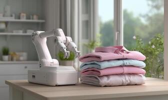 A futuristic robotic arm is helping to fold neatly piled clothes in a bright, airy apartment. Sunlight filters through large windows, creating a calming atmosphere suitable for household chores. photo