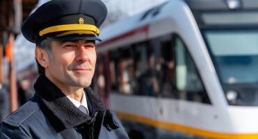 A man dressed in a conductor uniform stands proudly at a train station, ready for his duties. He appears focused on safety and management, with a train in the background awaiting departure. photo