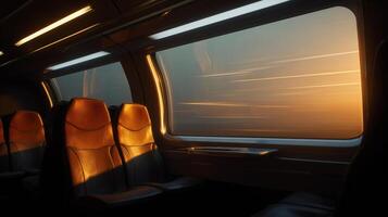 A man dressed in professional attire relaxes in a train seat while observing a beautiful sunset through the window. The warm light illuminates the empty cabin, creating a peaceful atmosphere. photo