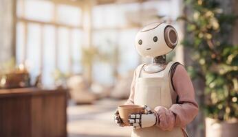 A robot assistant stands inside a modern apartment, holding a container. Sunlight streams through large windows, illuminating the stylish decor. photo