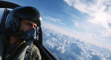 A dedicated pilot maneuvers a fighter plane through the sky, surrounded by fluffy clouds. Focused on the mission, he expertly controls the aircraft during a military training exercise. photo