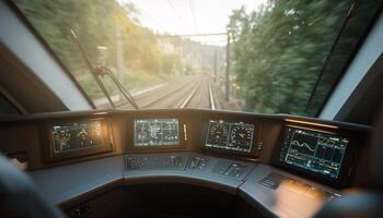 A man is focused on managing a train from the conductor's cabin, surrounded by control panels displaying various metrics as the train moves along picturesque tracks surrounded by greenery. photo