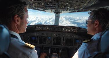 Two skilled pilots are focused on navigating their aircraft through a beautiful sky filled with clouds. The warm glow of sunset provides a serene backdrop as they work together in the cockpit. photo