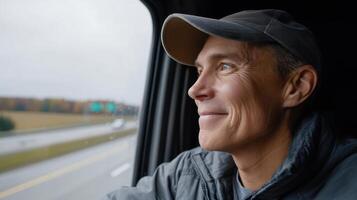 A truck driver is concentrating on the road ahead while seated in his vehicle. The cloudy weather creates a reflective mood, highlighting his dedication to the profession and the journey. photo