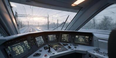A man monitors various control panels in a modern train cab during early morning. The snowy landscape outside suggests cold weather while the train prepares for departure on its scheduled route. photo