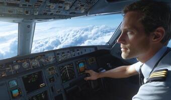 A man in a pilot uniform operates an aircraft cockpit with focused determination. photo