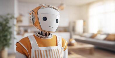 A robotic cleaning assistant stands in a modern apartment, showcasing its sleek design and advanced technology. photo