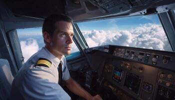 A man dressed in a pilot uniform is seen focused at the controls of an aircraft, flying high in the sky as the sun sets. The clouds are beautifully illuminated by the warm colors of twilight. photo