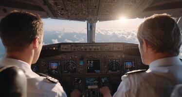 Two professional pilots operate an aircraft while navigating through vibrant sunset clouds. photo