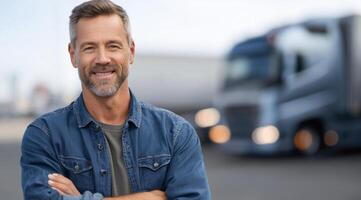 A man in a denim jacket stands confidently with crossed arms next to a large truck at a busy transport location. He showcases pride in his driving profession, smiling in the bright daylight. photo