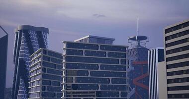 CGI Modern architecture showcases city skyline during twilight hours video
