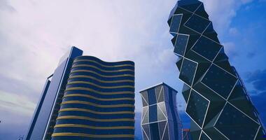 CGI Modern architecture features skyscrapers with unique designs in urban setting video