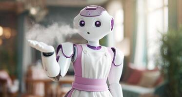 A robotic assistant is engaged in cleaning duties within a contemporary apartment. The device demonstrates advanced technology as it emits steam while maintaining a neat appearance. photo