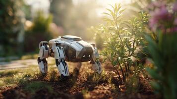 A robotic helper navigates through a lush garden, skillfully arranging plants and enhancing the natural landscape. Sunlight filters through leaves, adding warmth to the atmosphere. photo