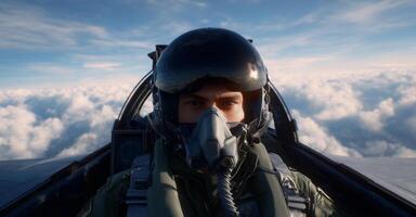 A military pilot navigates a fighter jet high in the sky, surrounded by fluffy clouds. The scene captures a moment of focus and determination, showcasing the thrill of aviation. photo