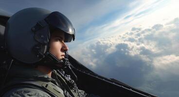 A skilled pilot focuses intently on maneuvering a fighter jet high above the clouds. photo