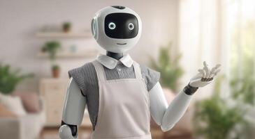 A futuristic robot assistant is actively involved in cleaning an apartment. The setting is modern with plants and soft lighting. photo