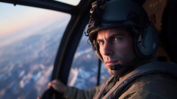 A military pilot is seen inside the cockpit of a fighter plane, intently gazing out at the sky. The scene captures the pilot's concentration against a backdrop of twilight and distant mountains. photo