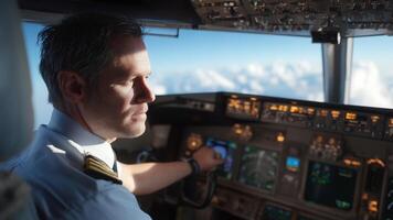 A pilot focuses intently while flying a plane during a stunning sunset. The cockpit is illuminated with the warm glow of the setting sun reflecting off the clouds. photo