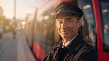 A man in a conductor uniform stands on the platform with a smile as the golden sunlight casts warmth over the train station. He appears ready to oversee the train's journey ahead. photo
