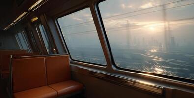 A man in management role oversees train operations while the sun sets behind the city skyline. Passengers enjoy a smooth ride, casting reflections on the glass windows. A bustling evening unfolds. photo