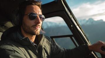 A skilled pilot steers a military aircraft high above the clouds, showcasing concentration and expertise. The mountain range is visible in the background, adding to the dramatic landscape. photo